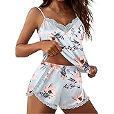 Ekouaer Satin Pajama Set for Women 2 Piece Silky Lingerie Sleepwear Lace Camisole Pj Shorts Set Soft Nightwear S-XXL