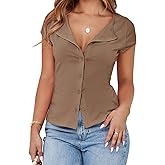 Cicy Bell Womens Short Cap Sleeve Crop Tops Fitted Button Down V Neck Shirts Y2k Going Out Cute Ribbed Knit Tshirts