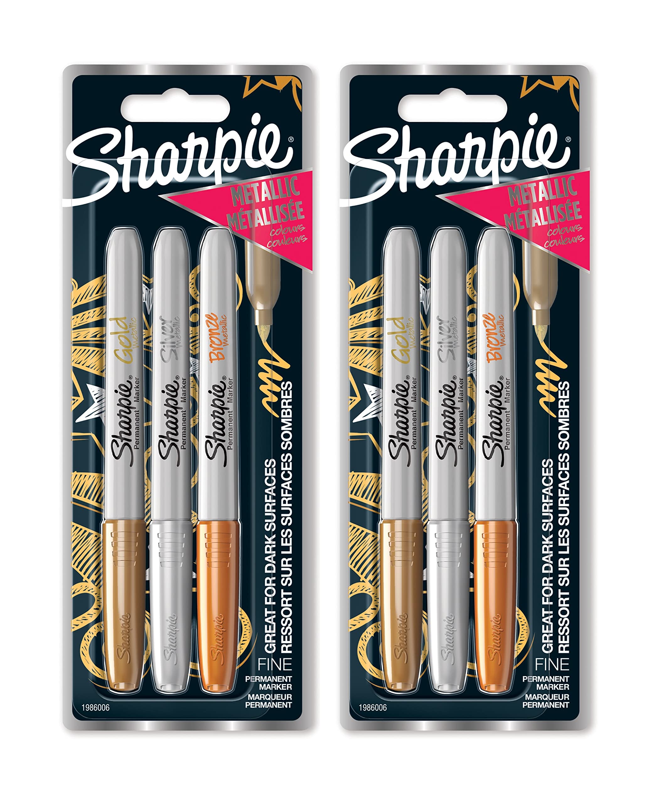 Sharpie Metallic Permanent Marker Pens - Fine Point - Pack of 6 - Assorted Metallic Colours - Gold, Silver, Bronze
