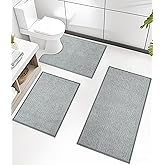 chakme Bathroom Rug Set 3 Piece, Ultra Thin Bath Mat Quick Dry, Absorbent, Non Slip, Machine Washable, Light Grey, 17" x 24" / 17" x 30" / 17" x 59"
