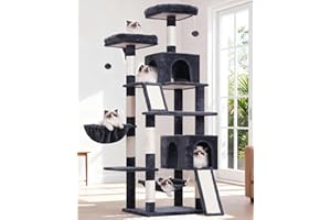 Gitelsnour Cat Tree for Indoor Cats, 71'' (180cm) Multi-Level Cat Tower for Large Adult, Sturdy Cat Tree House with 2 Scratching Boards 7 Posts, 2 Plush Perches/Condos, Hammock, Smoky Gray GCT032G