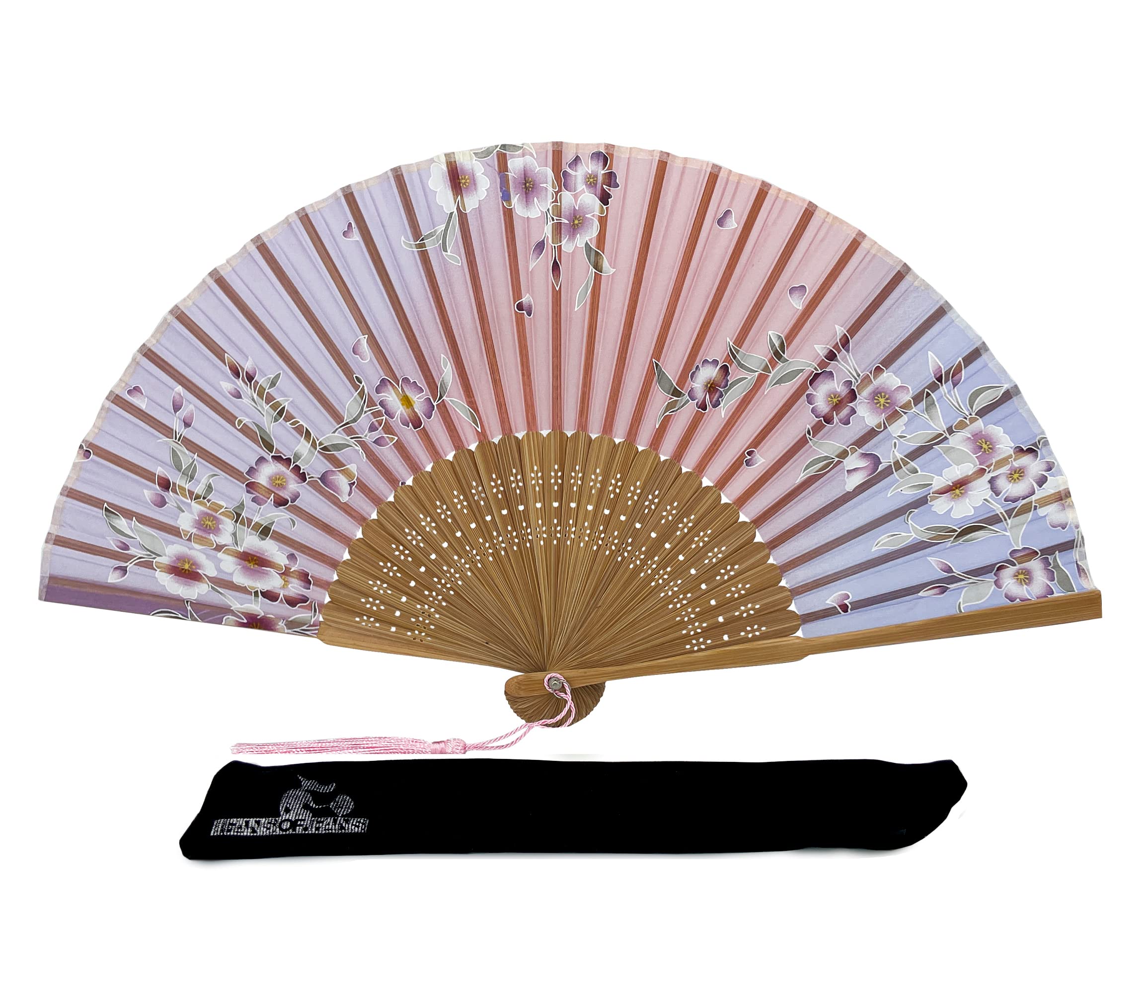 Two Color blended Floral Butterfly Genuine REAL Silk Hand Folding Fan With A Grade Bamboo Ribs, Tassel, Pouch for Women and men, ideal for Props, Cosplay Wedding Party Favour (Purple and Orange)