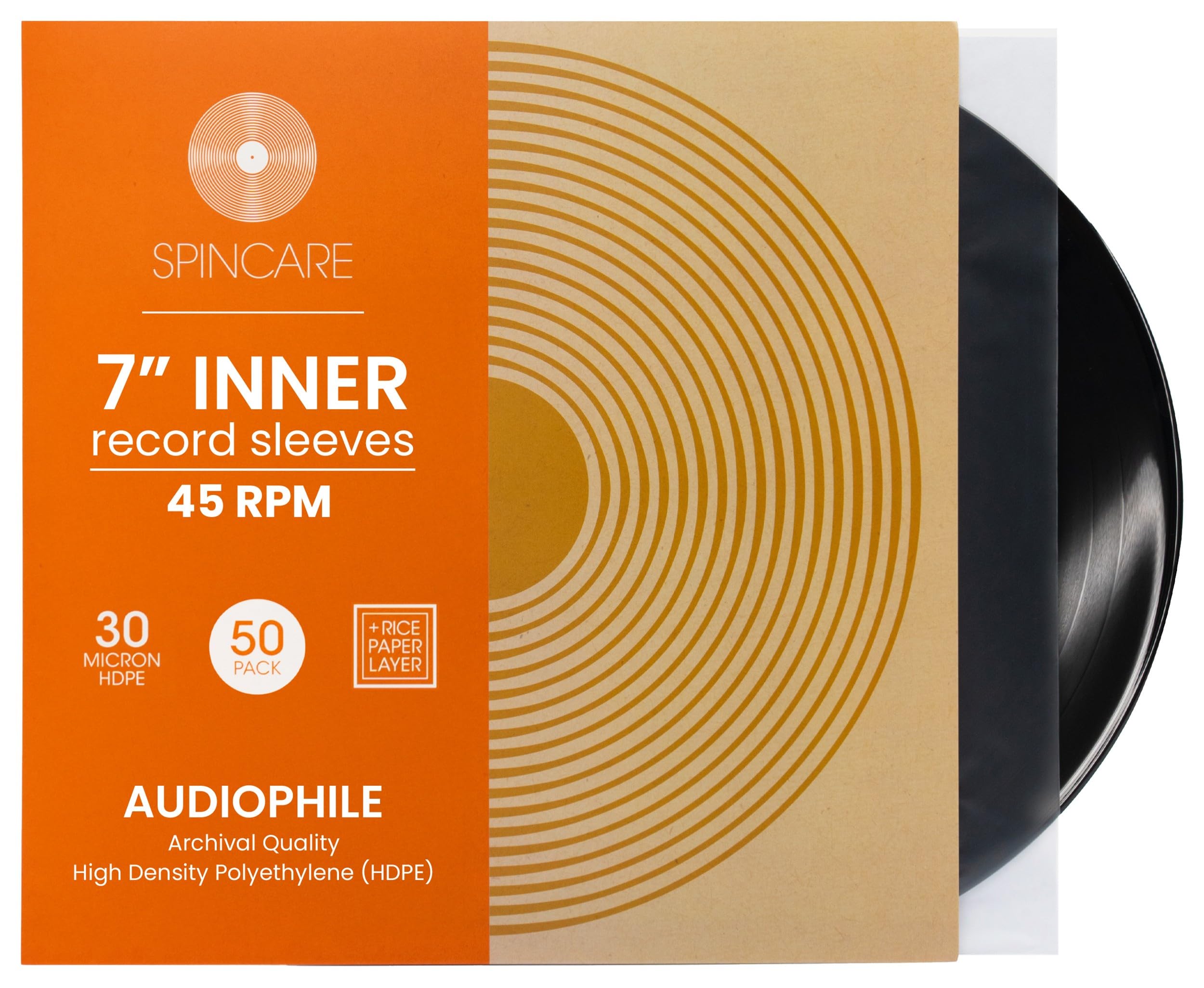 SPINCARE 50x 7 Inch Single 45 RPM Anti-static Inner Vinyl Record Sleeves Audiophile Archival Triple Layered Anti Static HDPE Plastic Vinyl Record Storage Covers for 7” 45 RPM Singles
