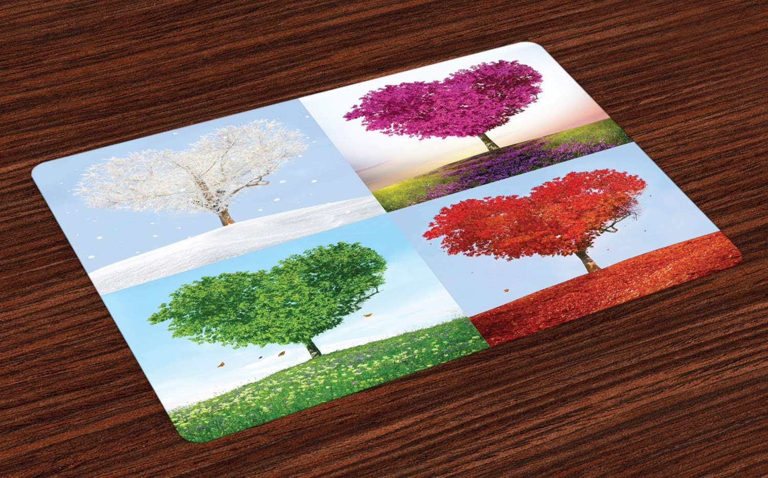 Ambesonne Nature Place Mats Set of 4, Heart Shaped Trees in 4 Seasons of Year Love and Adoration Themed Illustration, Washable Fabric Placemats for Dining Room Kitchen Table Decor, Green Red