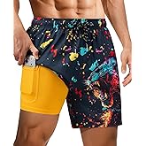 Gleeease 7inch Mens Swim Trunks: with Compression Liner Zipper Pocket Drawstring Quick Dry Stretch Lined 3D FunnyBeach Pool