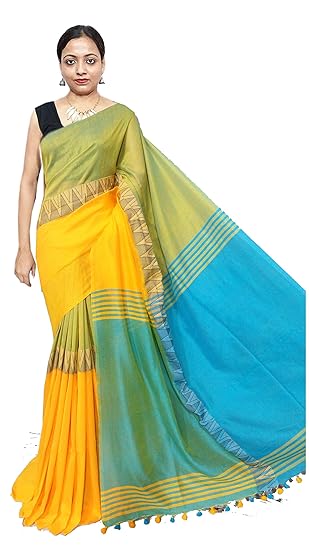 Sanghamitra Saree Hand Weaving Handloom Womens Cotton Saree (Feroza and Yellow)