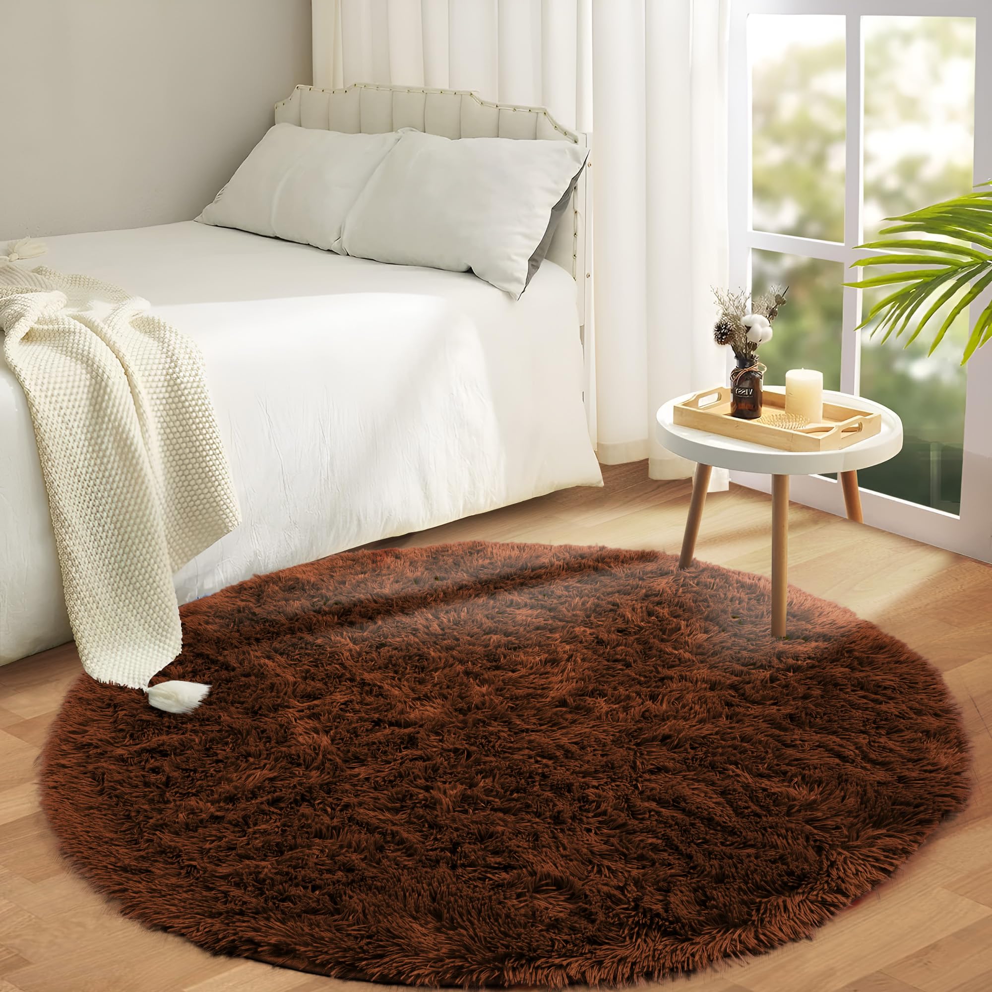 Aspire Homeware Round Rugs Living Room - Brown Area Rugs 120x120cm for Bedroom Anti Slip - Modern Super Soft Thick Pile Small Fluffy Shaggy Rug Non Shedding