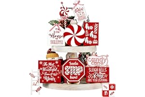 Mifoci 14 Pcs Christmas Tiered Tray Decor Rustic Christmas Decorations Snowman Santa Candy Wood Sign Xmas Table Tiered Tray Winter Farmhouse Rustic Table Decor for New Year Home Shelf Tabletop