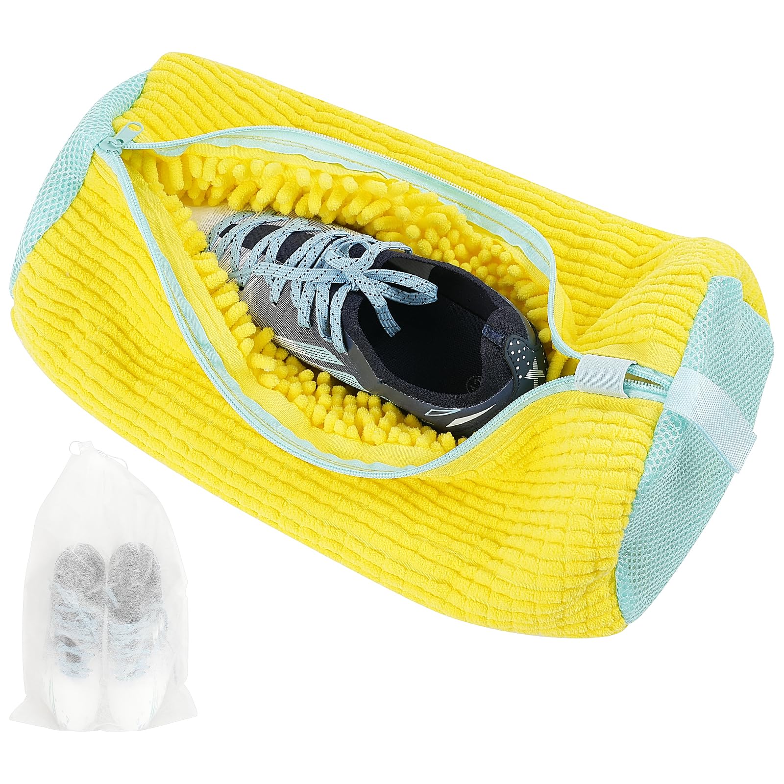 Flintronic Shoes Laundry Bag for Washing Machine, Chenille Shoe Cleaning Bag with Zipper Hook, Horizontal Style, Yellow