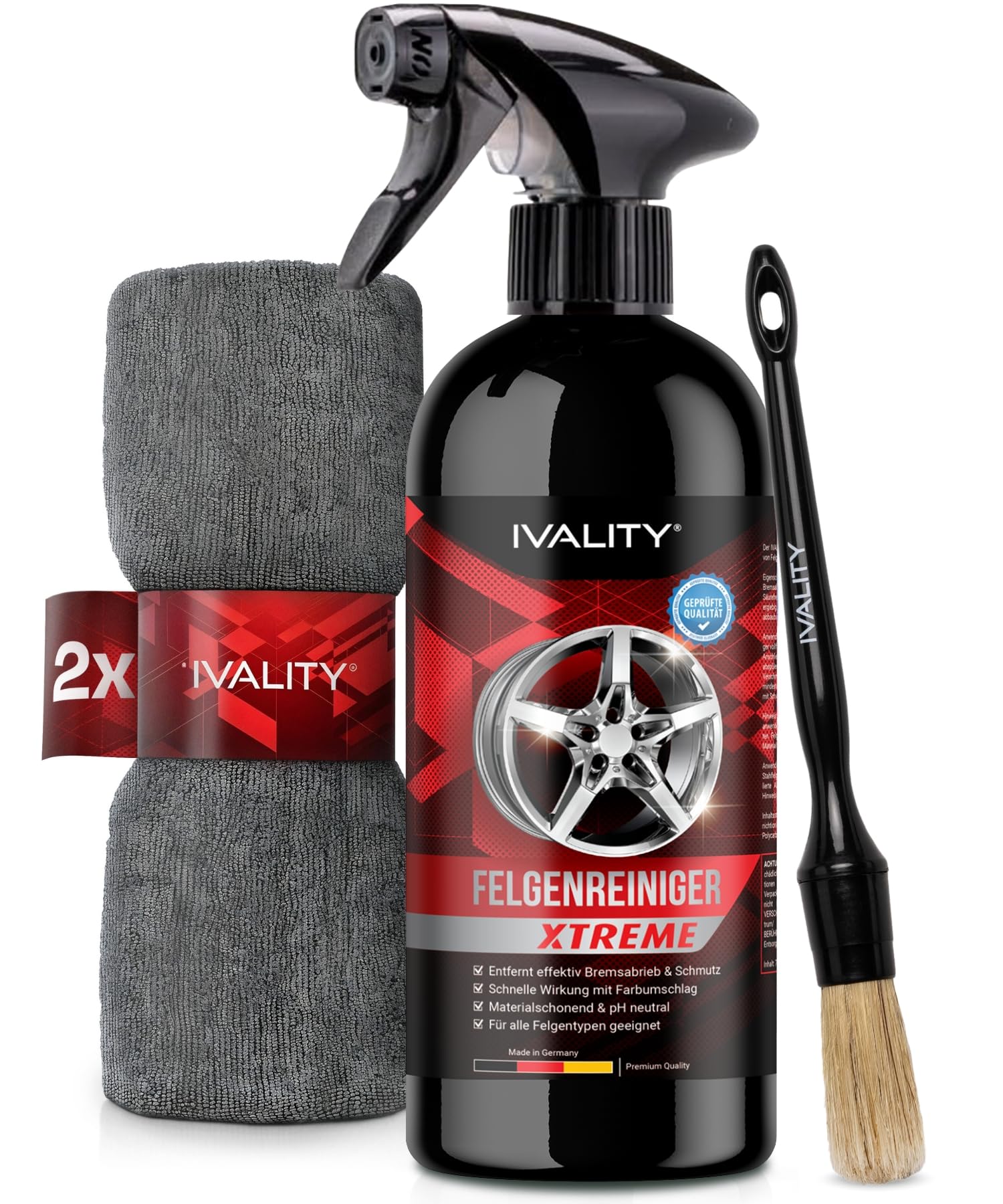 Ivality® Premium Felgenreiniger Set - Mit Wirkindikator & schonend - Felgen Reiniger Auto, Rim Cleaner, Alufelgen Reiniger, Wheel Cleaner, Alu Felgen Reinigung, Detailing Pinsel + 2 Mikrofasertücher