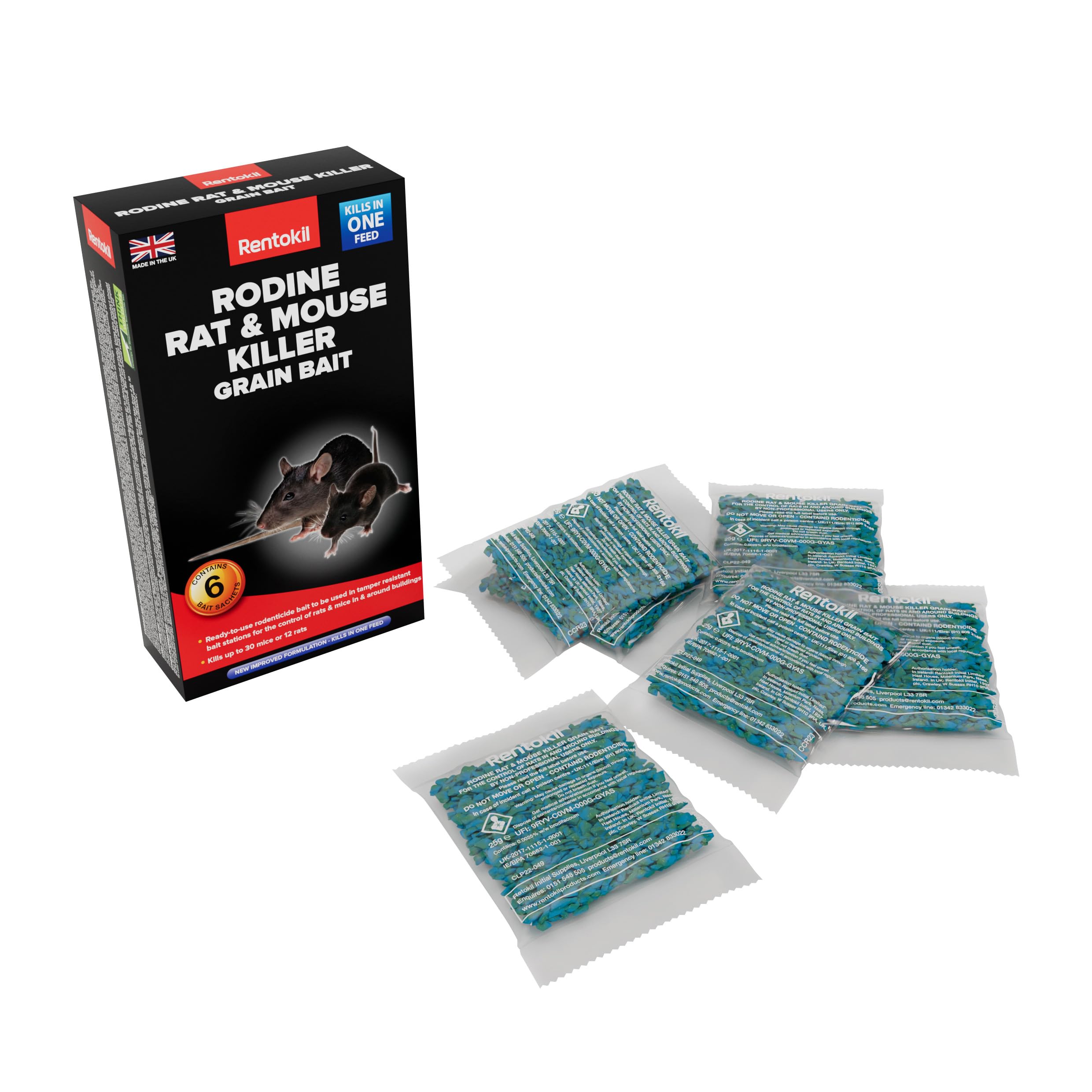 Rentokil Rodine Rat & Mouse Killer Grain Bait - 6x25g Sachet, Black
