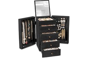 Meangood Jewelry Box Wood for Women, 5-Layer Large Organizer Box with Mirror & 4 Drawers for Rings, Earrings, Necklaces, Blac