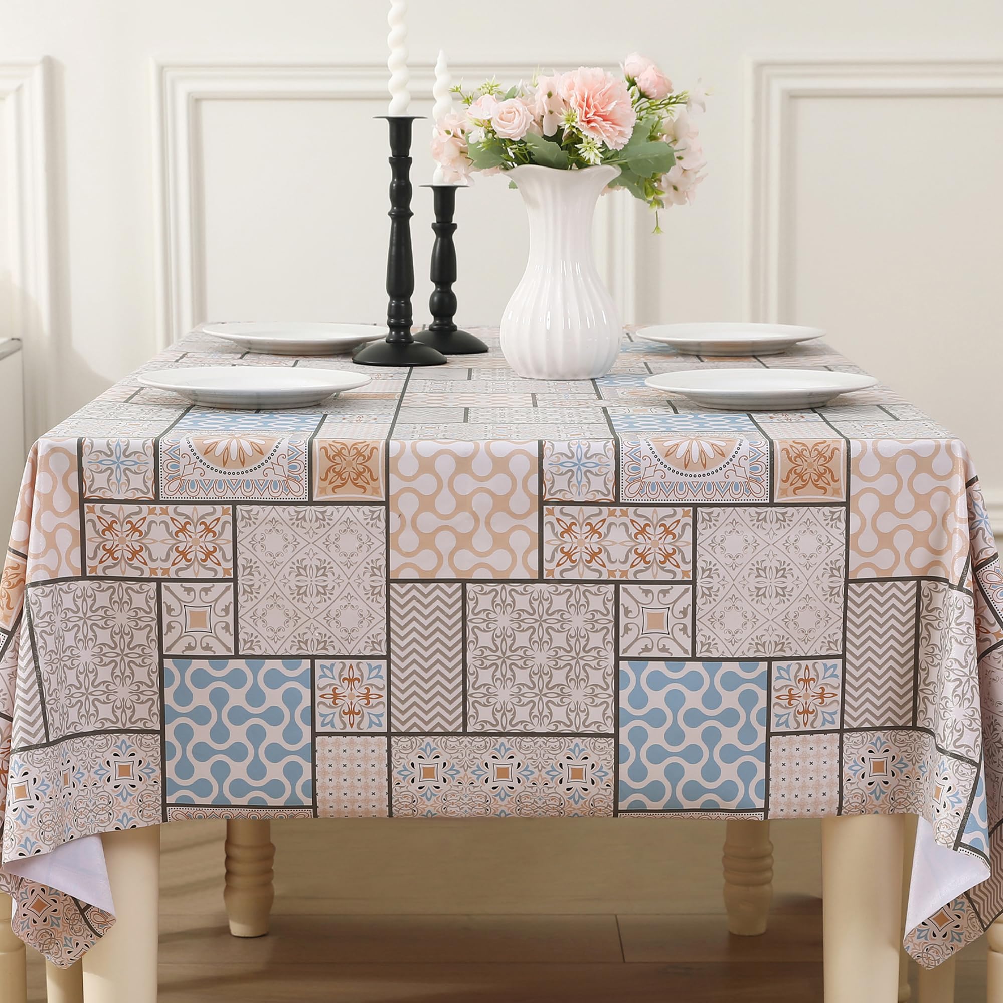 Rayapot Square Table Cloth PVC Vinyl Wipe Clean Tablecloth Wipeable Plastic Stain Resistant Waterproof Oil-proof Spill Proof Table Cover Protector for Kitchen Dining - Geometric Patterns - 140x140cm
