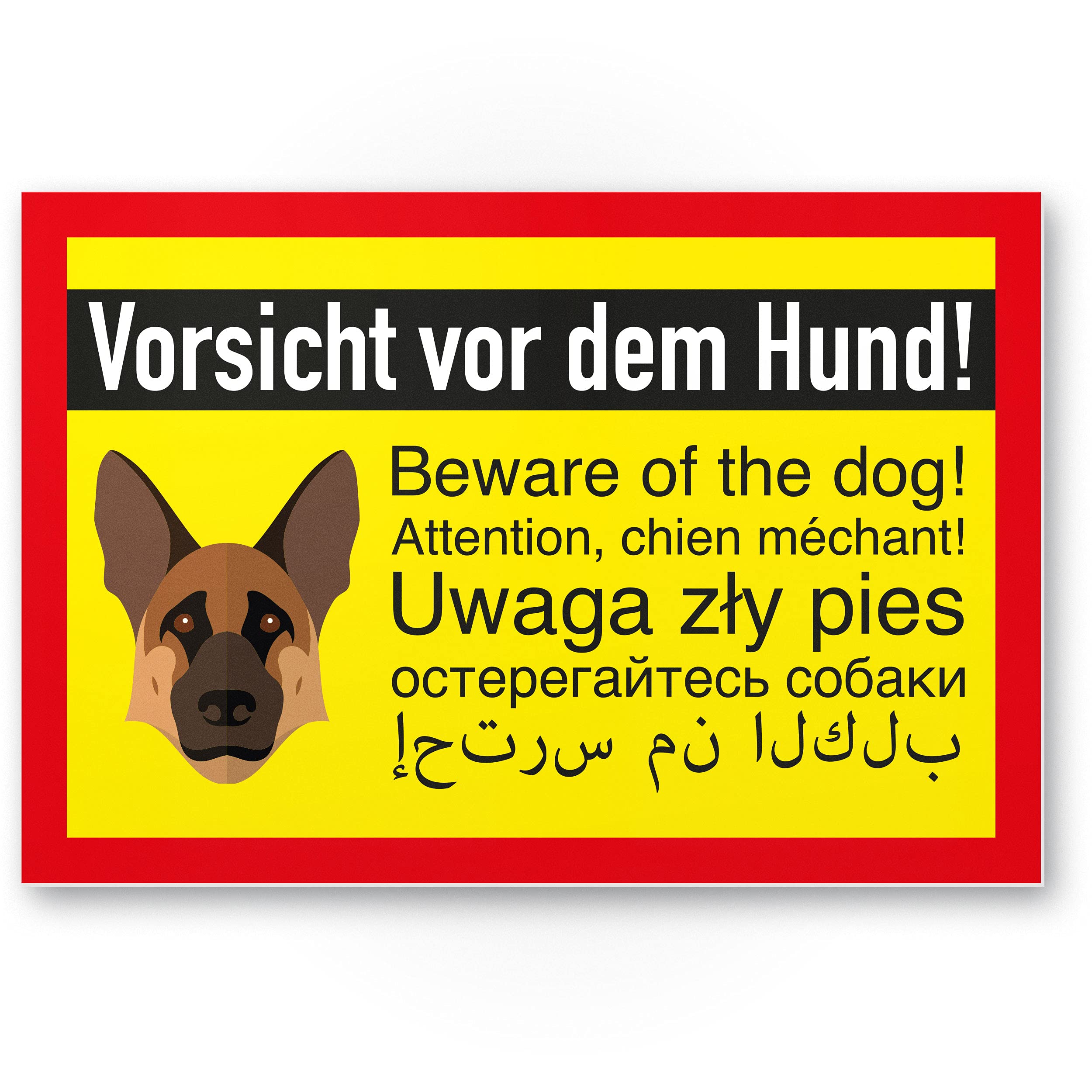 German Shepherd Plastic Sign – Vorsicht vor dem Hund/Achtung Shepherd – Dog Plastic Sign – Dog Sign – Multilingual Shepherd – Door Sign, Warning Sign/Burglary Protection