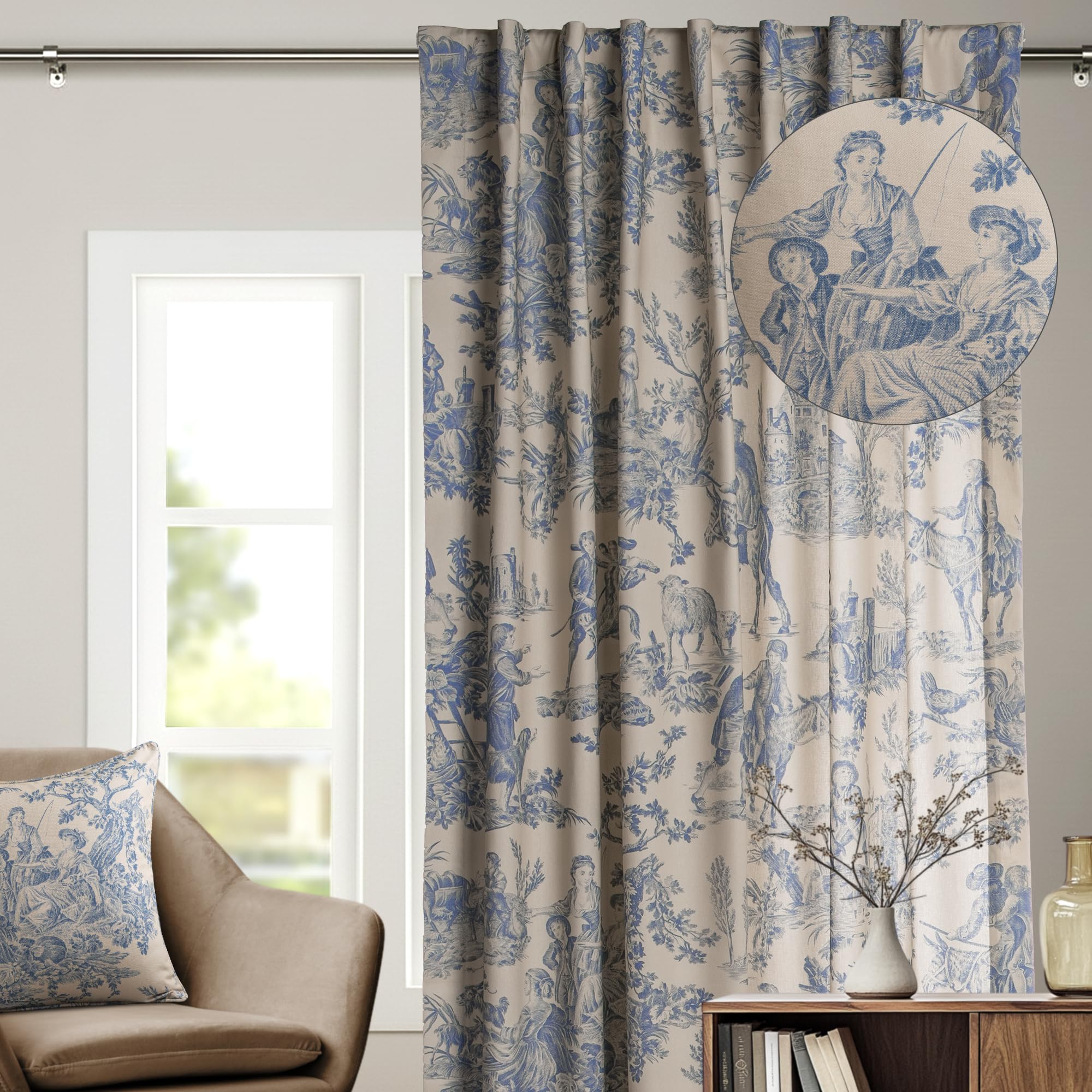 Maison d' Hermine Curtains for Living Room 100% Cotton 96 inch Length One Panel Light Filtering Toile Curtains for Bedroom Windows with Rod and Loop Pockets Drapes (The Miller Blue, 50" W x 96" L) Image