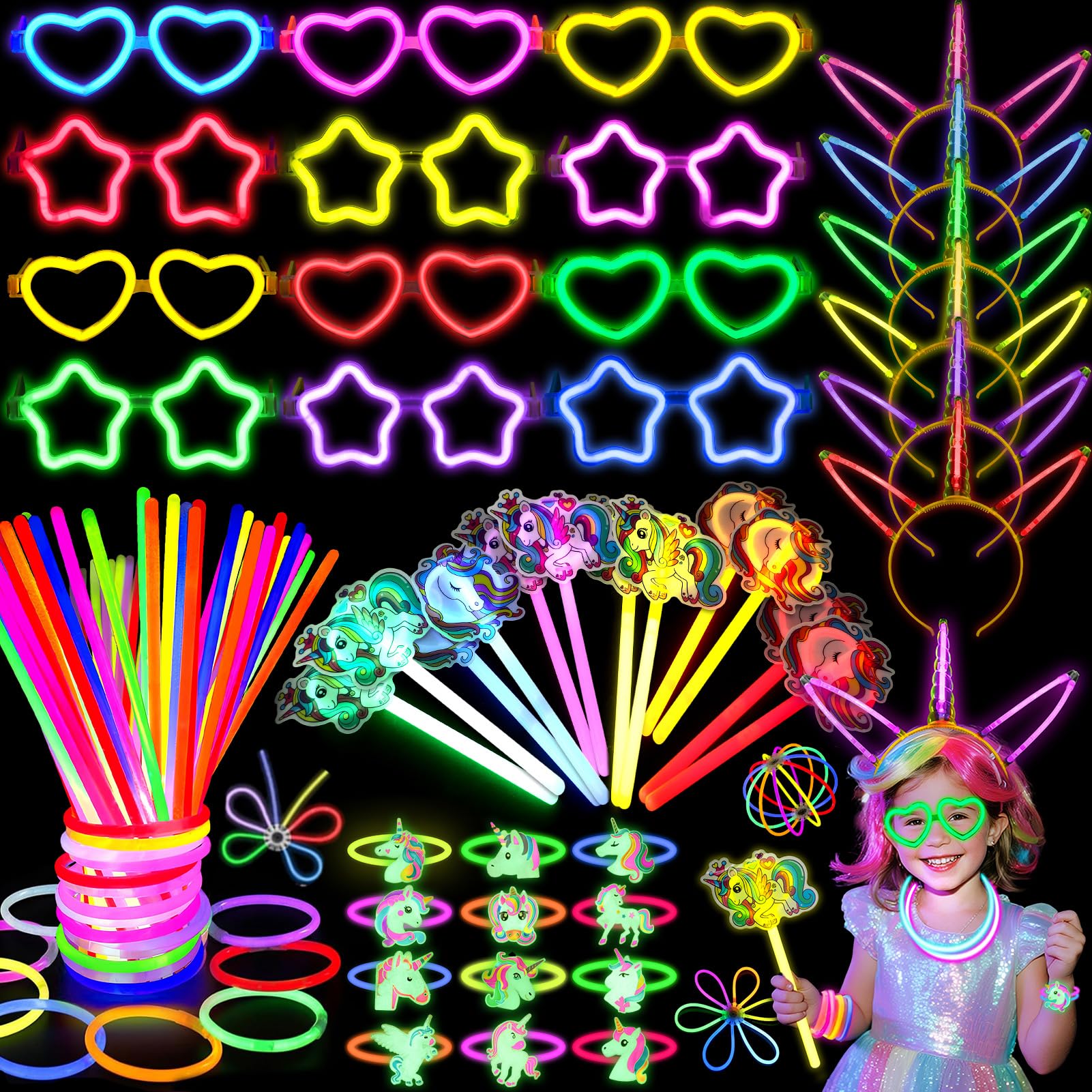 Photo 1 of ESAG 148Pcs Glow in the Dark Party Supplies Unicorn Birthday Favors, Light Up Toys Neon Glasses Glow Sticks Headbands Magic Wands Bracelets, Adult Teen Kid Girl Halloween Unicorn Birthday Party Favors