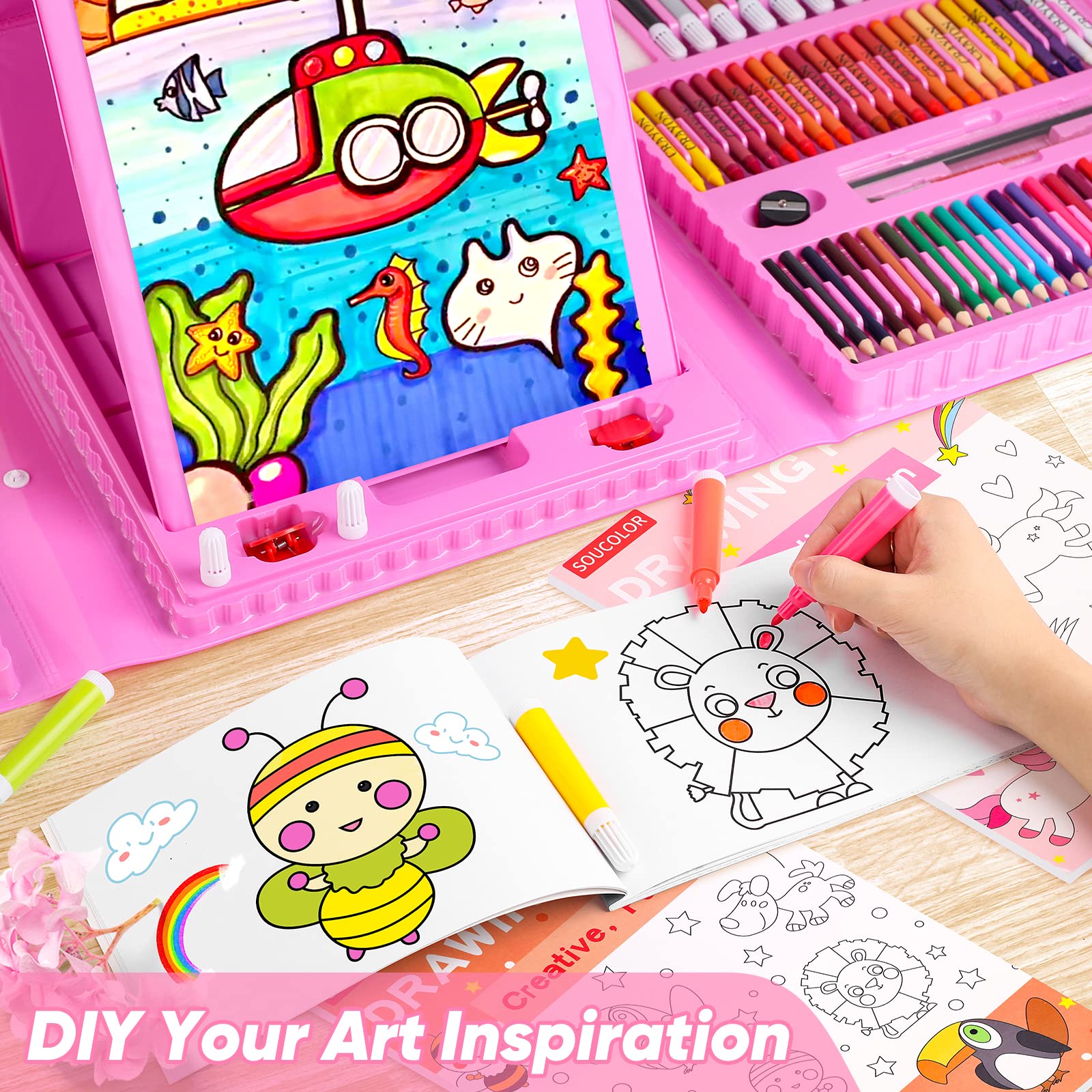 Soucolor Easter Gifts for Kids Teens Girls Boys Ages 4, 6, 8, 10, 12, 283 Pieces Drawing Set Art Kits with Trifold Easel, 2 Drawing Pads, 1 Kids Activity Coloring Book, Crayons, Pastels, Watercolor