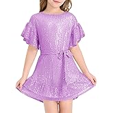 Batermoon Girls' Sequin Dress Crew Neck Bat Sleeve Ruffle Party Wedding Flower Dress with Belt for 5-14 Years