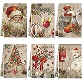 Hosuly 6 Pcs Christmas Kitchen Towels Vintage Santa Dish Cloth Christmas Farmhouse Tea Towels Santa Snowman Sock Ball Xmas Tree Hand Dishcloth Rustic Housewarming Gifts for Kitchen Holiday Cooking