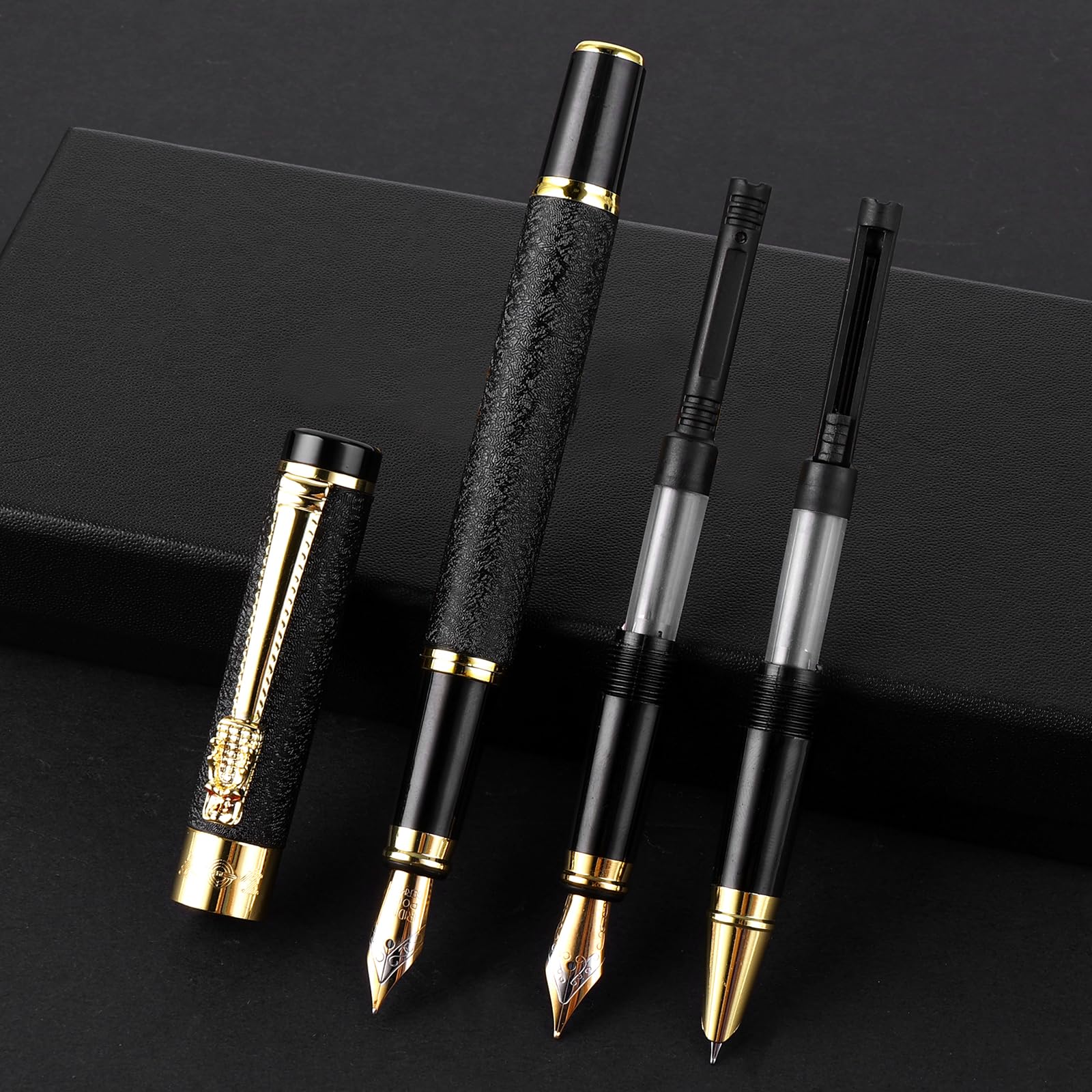 Cobee Metal Fountain Pen with 3 Different Nibs Set, Luxury Fountain Pen Includes Medium, Extra Fine Point, Bent Nib Calligraphy Writing Pen Frosted Finish Business Pen for Men Women(Black)