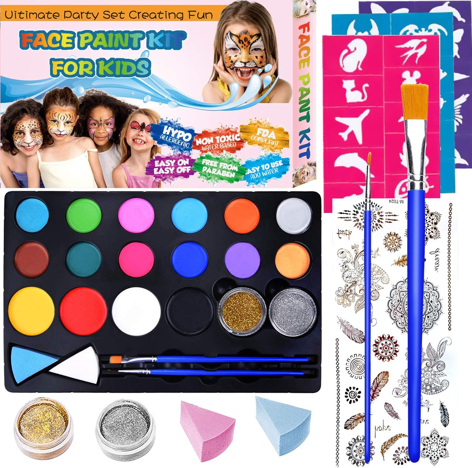 SAKUUMI Face Paint Kit for Kids 52 Pieces Face Body Painting Set Included 30 Stencils 12 Water Based Paints Brushes Safe Face Paints for Sensitive Skin Kid Makeup Kit on Party Halloween Christmas