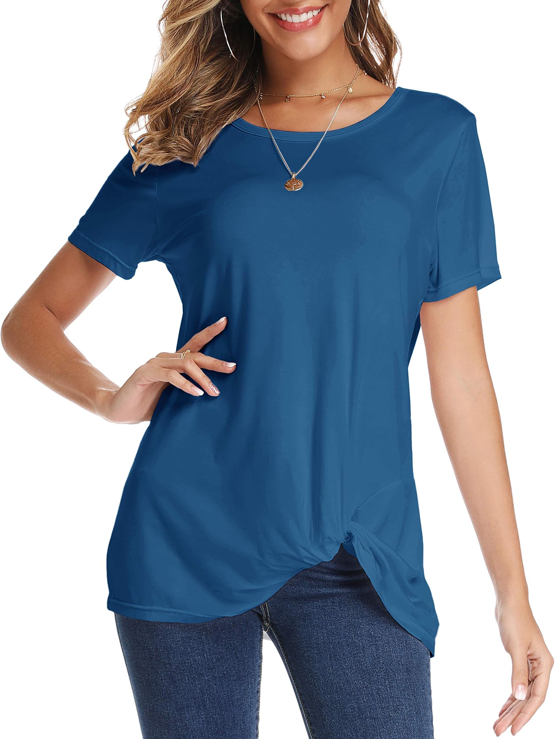 Women's Short Sleeve Tops Knot Twist Front Floral Tops Loose T Shirt Summer Tops Blouses Tunic