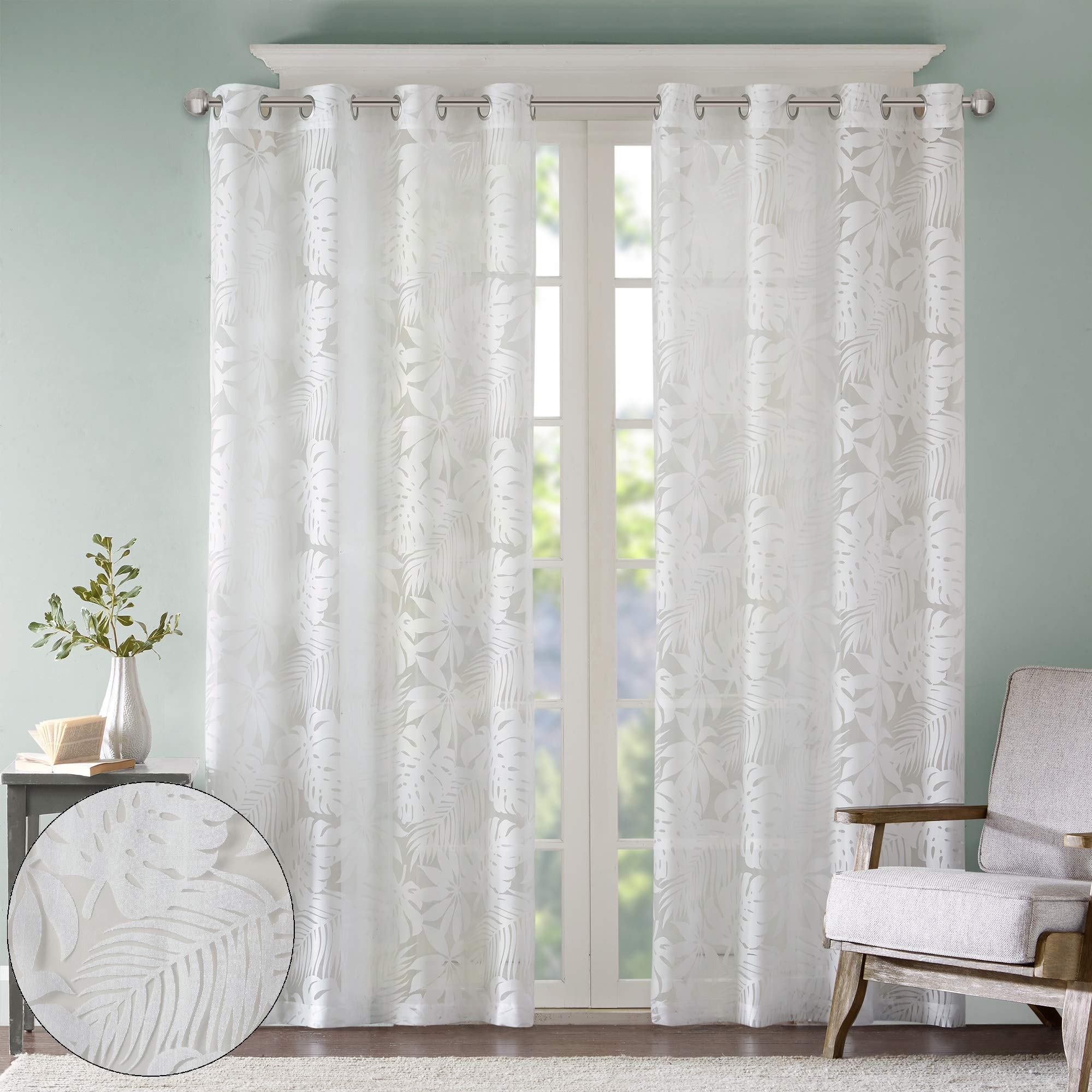 Madison Park Semi Sheer Curtain Modern Contemporary Botanical Print Out Design Grommet Top, Window Drapes for Living Room, Bedroom and Dorm, 50x63, Tropical White — image 1