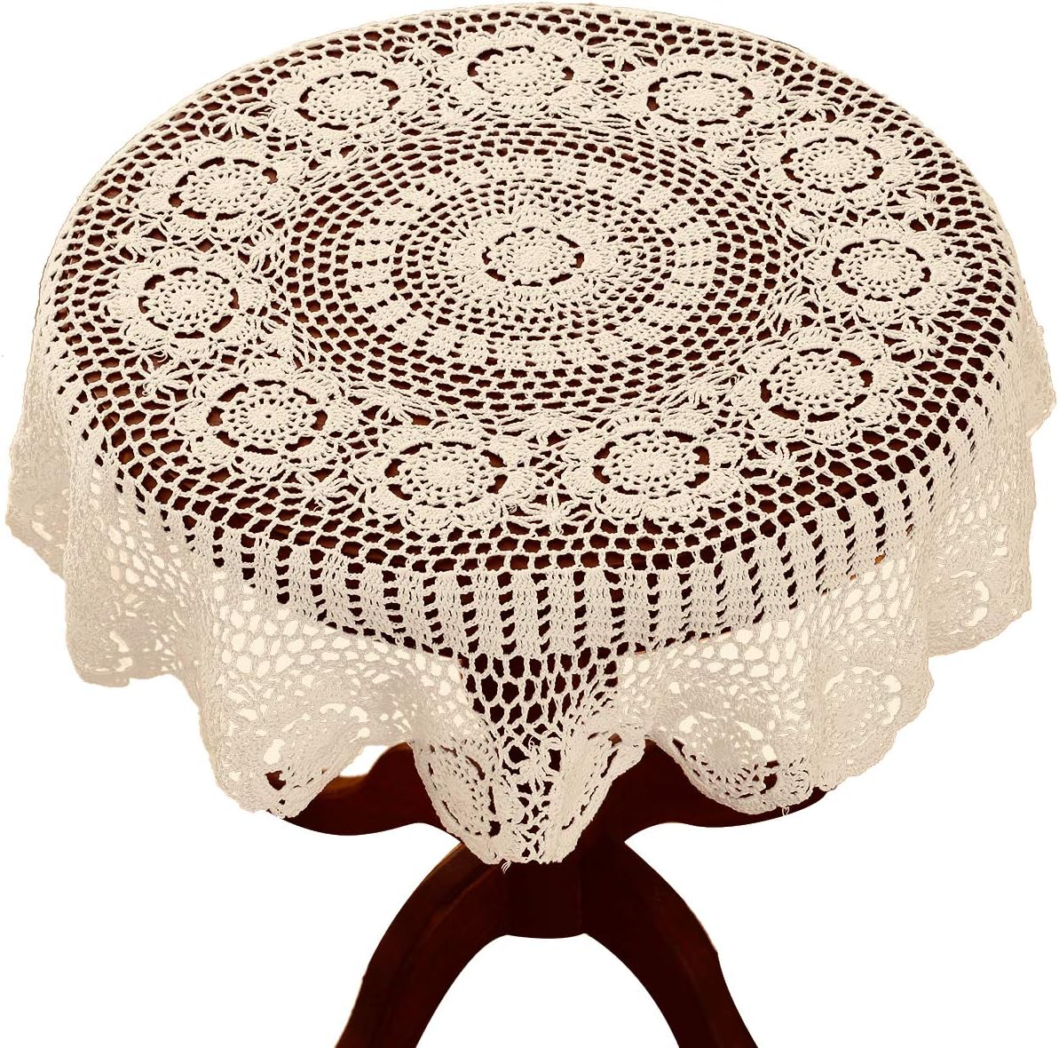 gracebuy 35 Inch Beige Round Handmade Cotton Crochet Lace Tablecloth,Doilies
