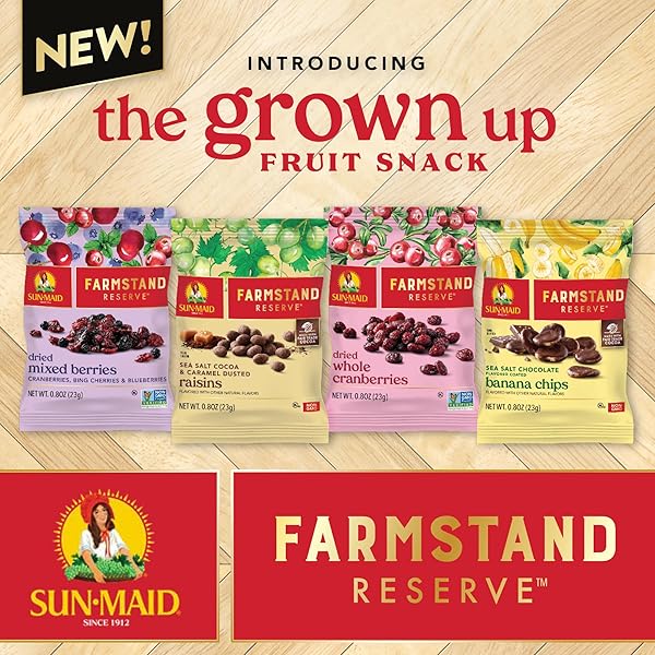 SUN-MAID FARMSTAND RESERVE 24 COUNT VARIETY PACK – 0.8 OZ SNACK BAG – SEA SALT COCOA & CARAMEL DUSTED RAISINS + SEA SALT CHOCOLATE COATED BANANA CHIPS (AMAZON EXCLUSIVE)