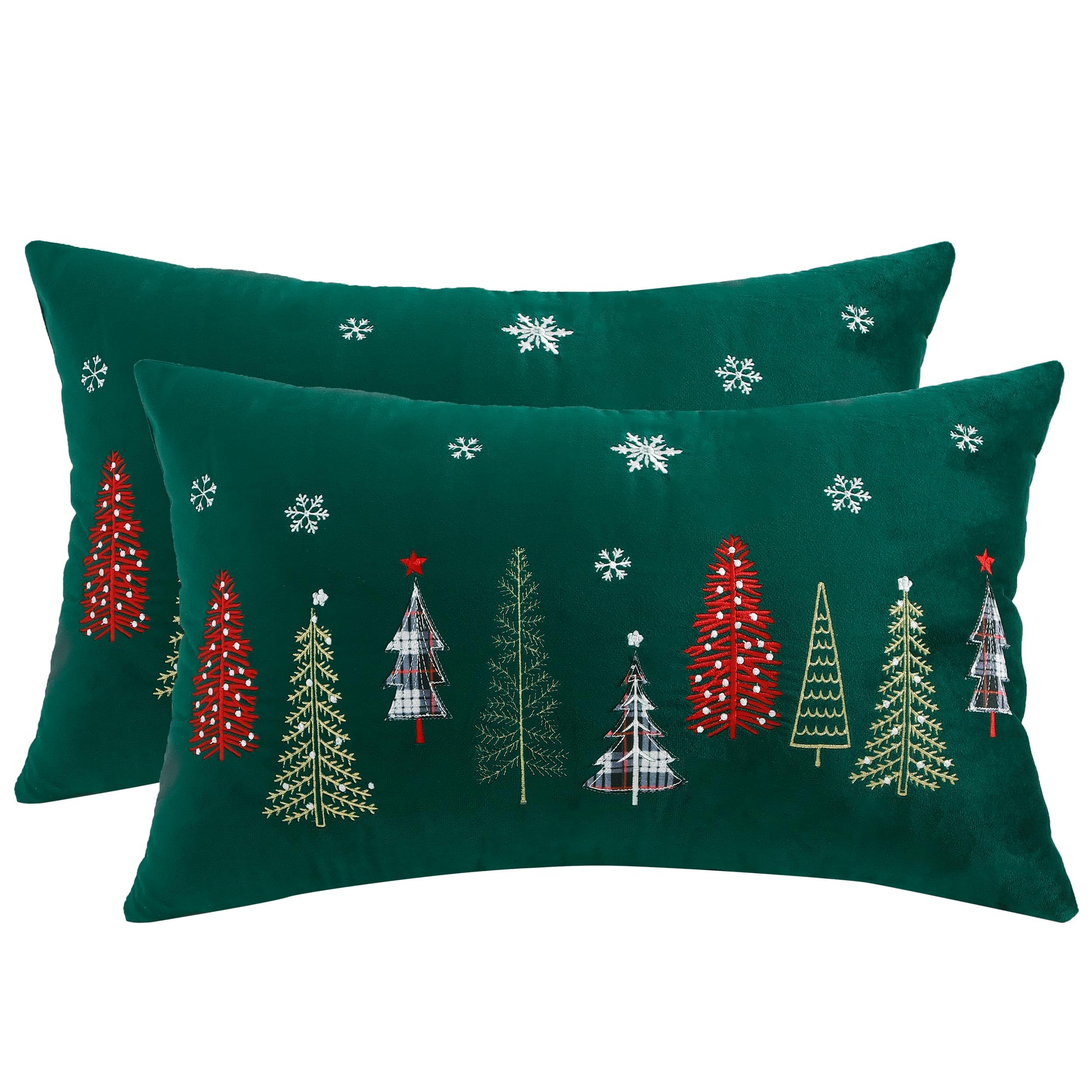 Tosleo Christmas Embroidery Throw Pillow Covers 16x26 inch Set of 2 Velvet Pillowcases Forest Green Christmas Tree Cushion Pillow Cases Soft Square Holiday Pillowcase — image 1