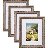 eletecpro 8x10 Picture Frames Set of 4, Vintage Frame with Glass Cover, Rustic 8 x 10 Photo Frames Display 5x7 Photo with Mat or 8x10 without Mat for Tabletop or Wall Decor, Blue Gold