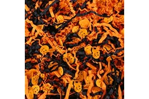Gloreyan 1LB Halloween Crinkle Cut Paper Shred, Black Orange Raffia Paper Sherd Filler Grass with Pumpkin Confetti for Gift Wrapping Basket Filling Halloween Birthdays Weddings Party Supply