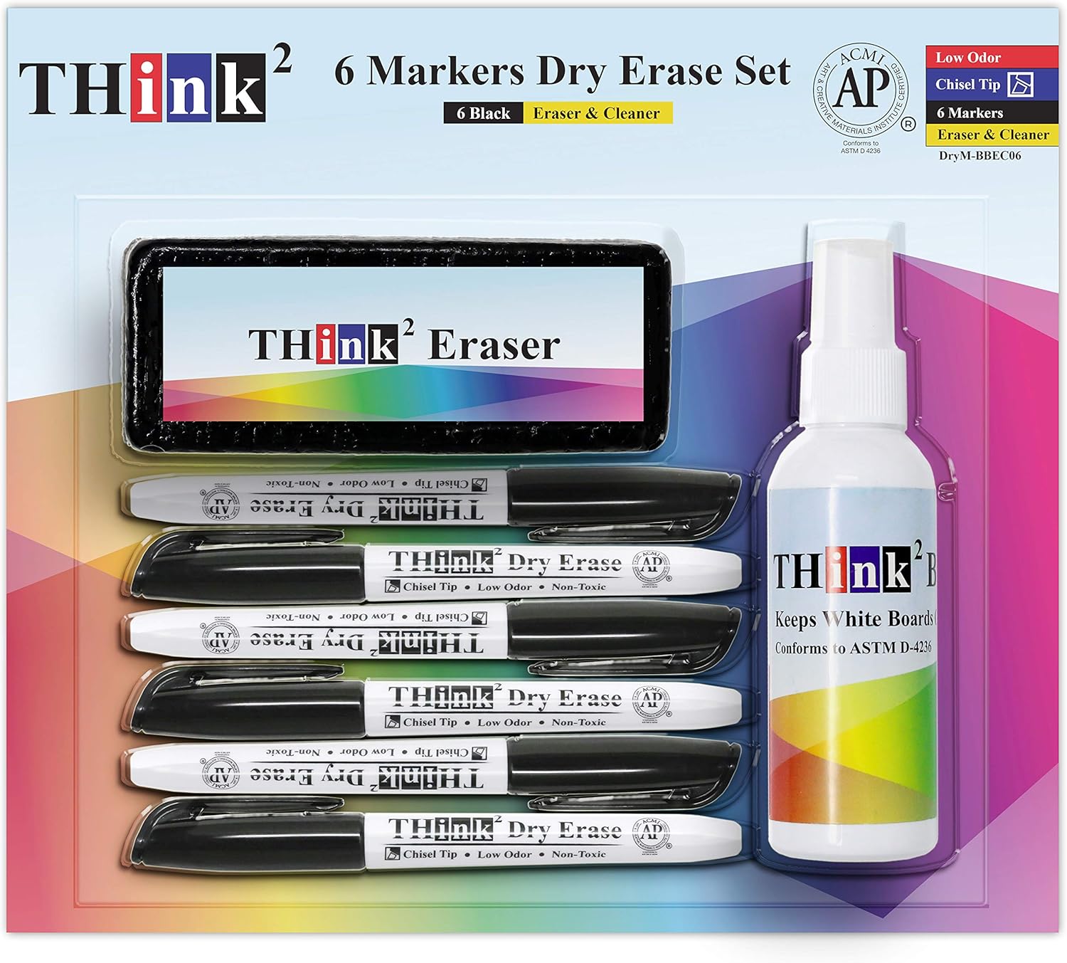 [6 Color Dry Erase Markers] Think2 Chisel Tip Markers with Eraser & Cleaner Set. (1 Black, 1 Red, 1 Blue, 1 Green, 1 Purple, 1 Brown) AP Certified German Ink. For Kids, Classroom, Office, Home : Office Products