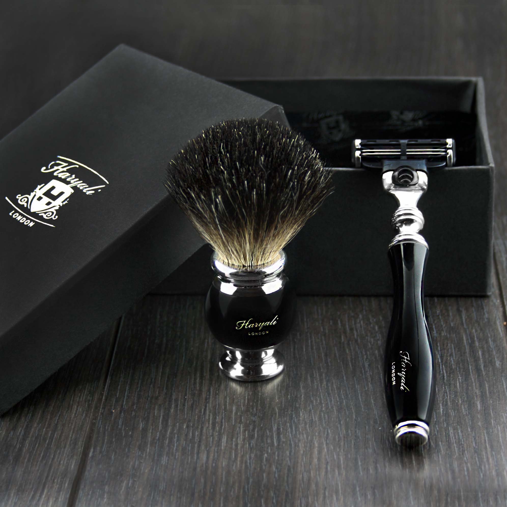 Haryali London Mens Shaving Brush Set 3 Edge Razor with Pure Black Badger Hair Shaving Brush Perfect Beard Grooming Kit for Men
