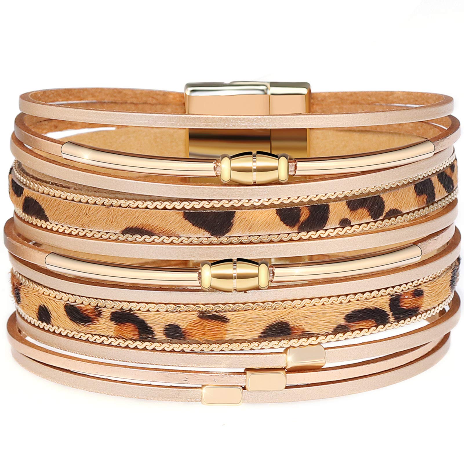 Gleamart Multi-Layer Leather Bracelet Beads Wrap Cuff Bangle for Women Leopard