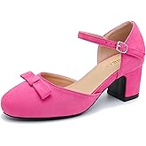 Eugisy Women's Chunky Heels Pumps Bow Closed Toe Ankle Strap Pumps Low Block Heel Elegant Wedding Party Dress Shoes