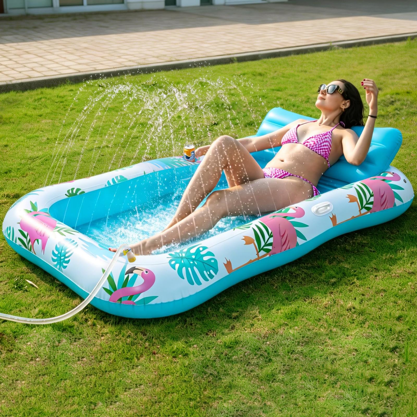 Inflatable Tanning Pool Lounger Float with Sprinkler, 77" x 48" Pool Float Adult with Pillow & Cup Holder, Sunbathing Blow Up Tanning Bed, Suntan Tub Raft Floatie for Backyard Summer Water Party