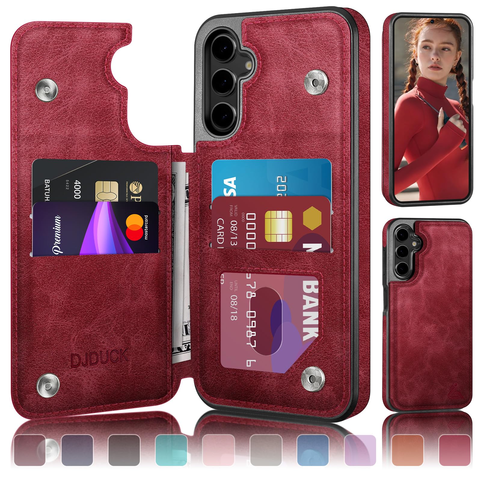DJDUCK Designed for Samsung Galaxy S25 FE Case Wallet with Card Holder, [Magnetic Clasp Cover] [RFID Blocking Leather Protection] Shockproof Women Men Cases for Samsung S25 FE Red