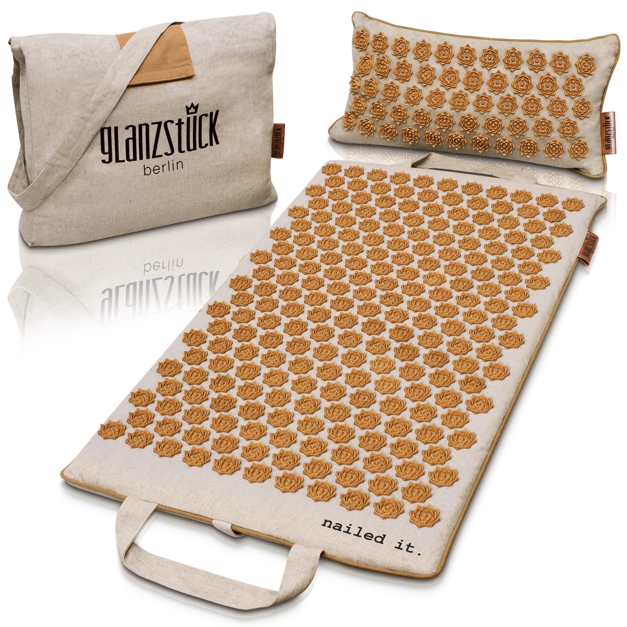 Photo 1 of Glanzstück Berlin® Acupressure Mat Set Premium, Beginner Suitable, Made of Linen, Neck and Back Pain Relief, with Pillow (Heat Function) & Bag, Sustainable