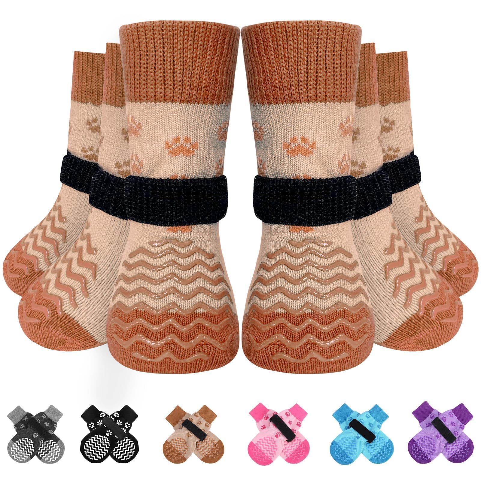 EXPAWLORER Anti-slip Dog Socks - Double Sides Dog Socks with Grips Large Coverage, Stop Licking for Injured Paws, Soft Paw Protector Gripper Socks for Hardwood Floors Indoor, Brown Medium