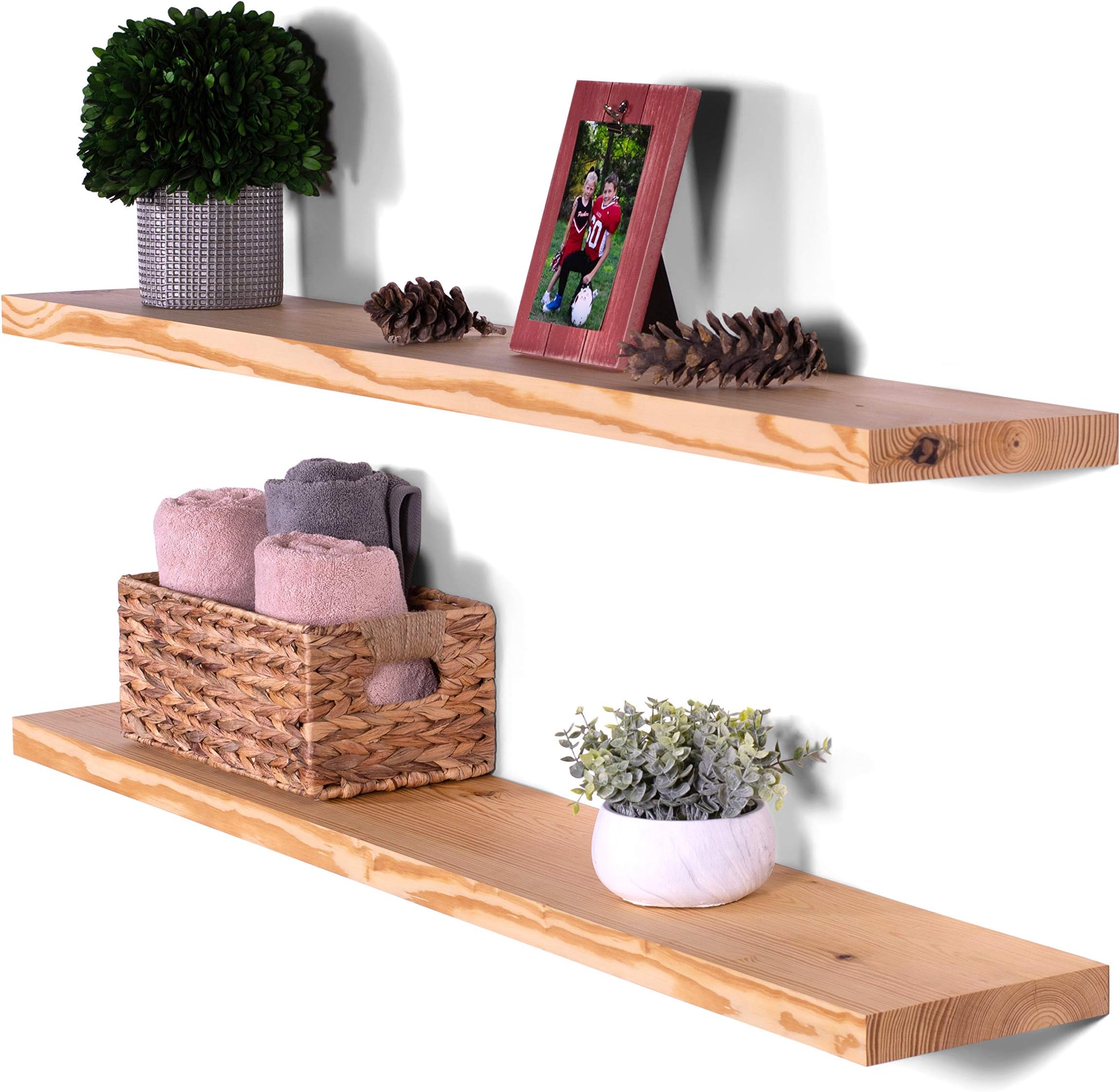 DAKODA LOVE 48" x 8" Clean Edge Solid Wood Floating Shelves | Premium Handmade Quality | Easy Hidden Bracket Wall Mount | Modern Rustic Pine | Set of 2 (Natural)