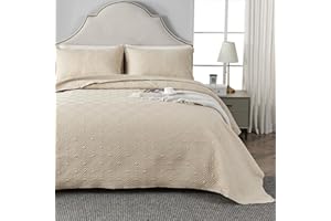 Qucover Beige Quilt King, 3 Piece Soft Microfiber 3D Ultrasonic Geometric Pattern King Quilt Set, Lightweight Summer Bedspread Bedding Set with Pillow Sham, 96" x 106"