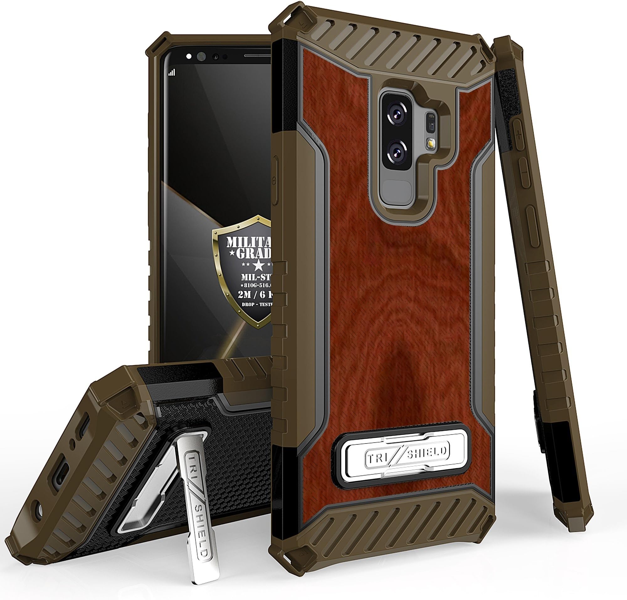 Galaxy S9 Plus/Galaxy 9+ Case, Spots8 Dual Layer Hybrid Armor High Impact Protection Phone Cover Built in Kickstand for Samsung Galaxy S9+ Wood Brown