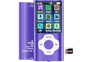 MYMAHDI 64GB MP3 Player with Bluetooth 5.2, LCD Screen Music Player Up to 128GB,MP3 Player for Kids with Music,Video,Voice Record,FM Radio,E-Book Reader,Photo Viewer,Purple