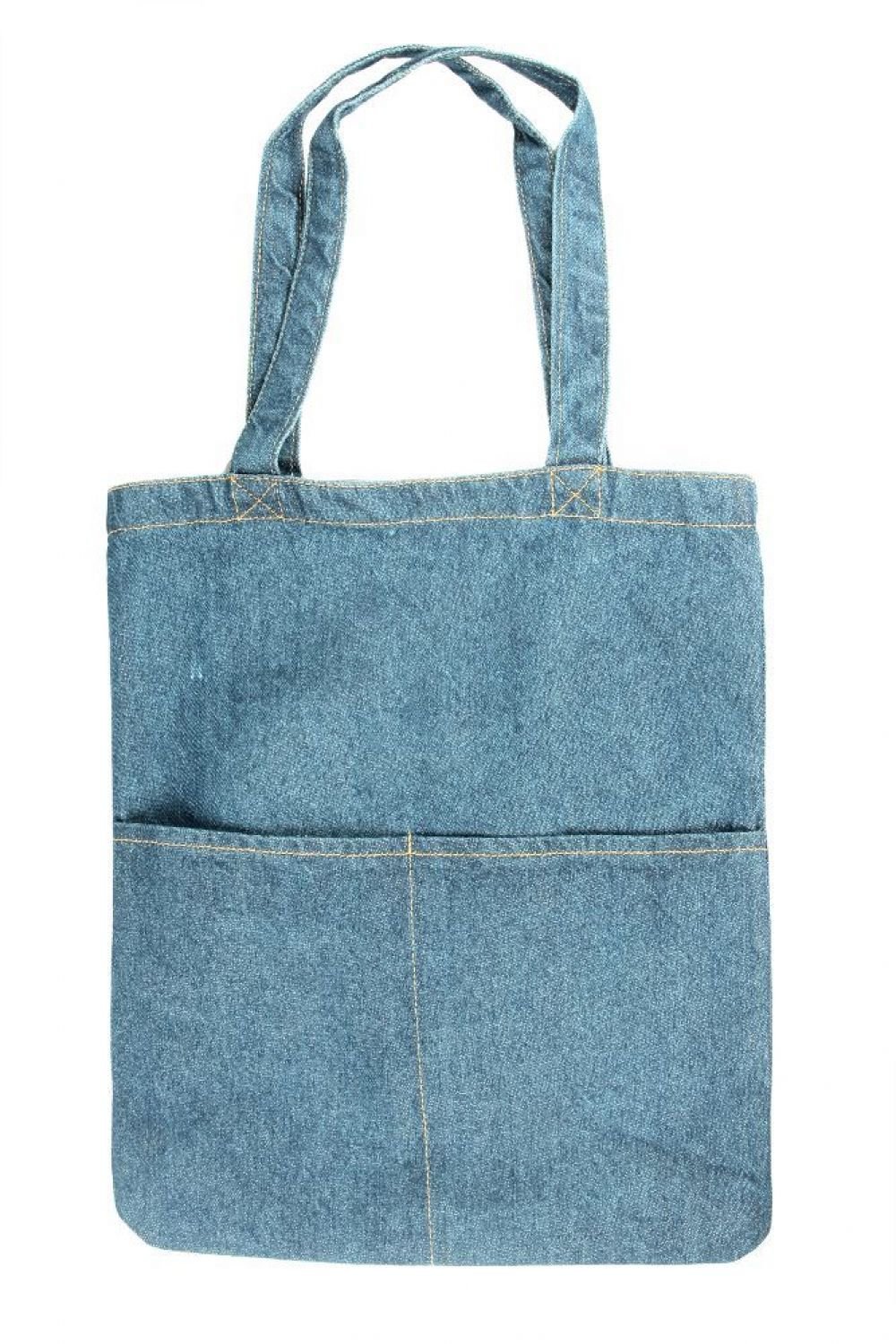 Mens Womens Denim Tote Shoulder Shopping Bag Satchel with Front Pockets - Light Wash