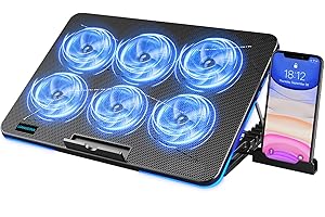 LIANGSTAR Laptop Cooling Pad, Laptop Cooler with 6 Quiet Fans for 12-17 Inch Notebook Gaming Fan Stable Stand, 7 Height & Wind Speed Adjustable, Blue LED Light can Turned Off，2 USB Port & Phone Holder
