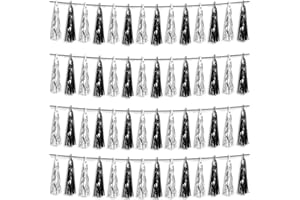 HYSILLA 4P Black Silver Foil Fringe Metallic Tassel Streamers Banner Tassel Garland for Parade Floats, Graduation, Wedding, Birthday, Halloween, Christmas, Bridal/Baby Shower Party Decorations