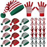 Geyoga 24 Pcs Christmas Knitted Elf Hat and Gloves Set for Adults Crochet Santa Hats Winter Striped Gloves Bulk Holiday Beanies with Pompom for Xmas Women Men