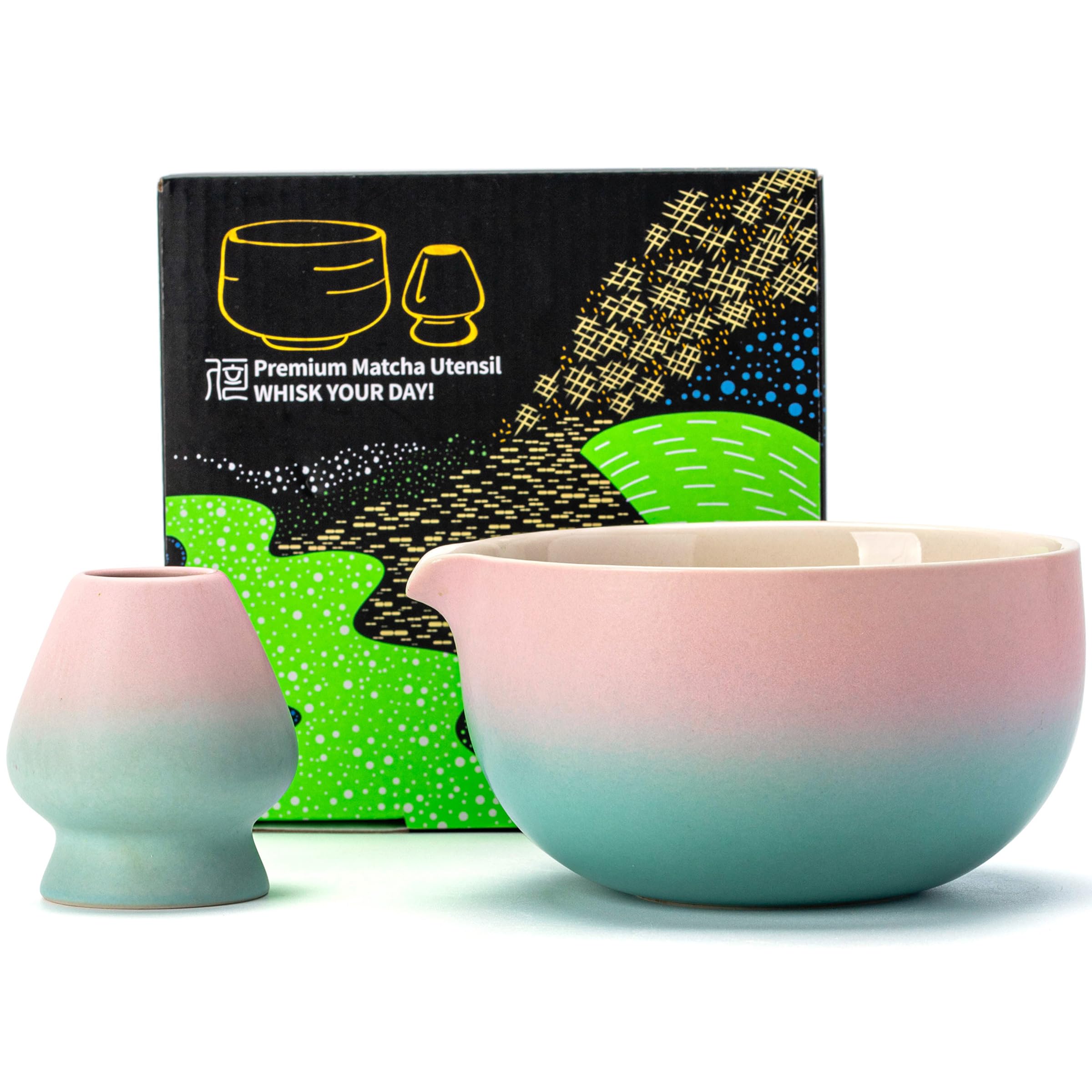 TEANAGOO Japanese Ceramic Matcha Chawan, 18oz K11, Gradient Pink Green, Whisk Holder Included