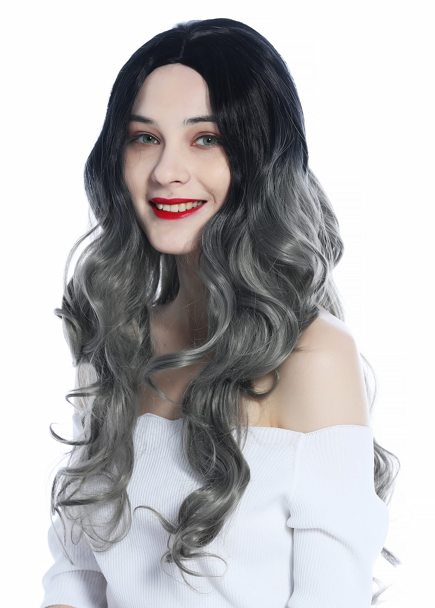 WIG ME UP - ZM-1029-GRYR1B Ladies' Wig very long slightly curled middle-parting ombre black to grey